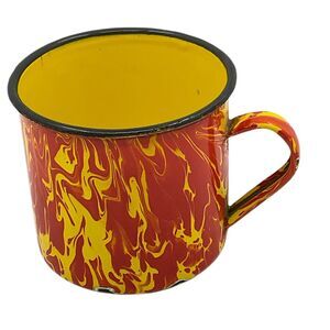 Orange Yellow Swirl Splatterware Graniteware Coffee Cup Enamel Mug Retro Kitchen